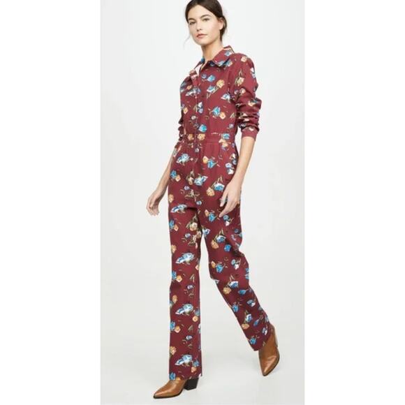 Women's Warm NY Rosie Burgundy Floral Boho Utility Workwear Boiler Suit size S - Picture 2 of 6
